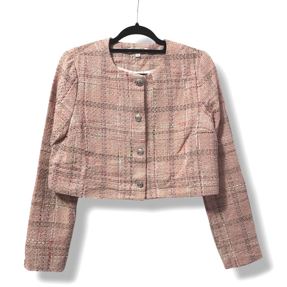 Lalavon Women's Pink Tweed Cropped Blazer Jacket Plaid M Old Money Preppy